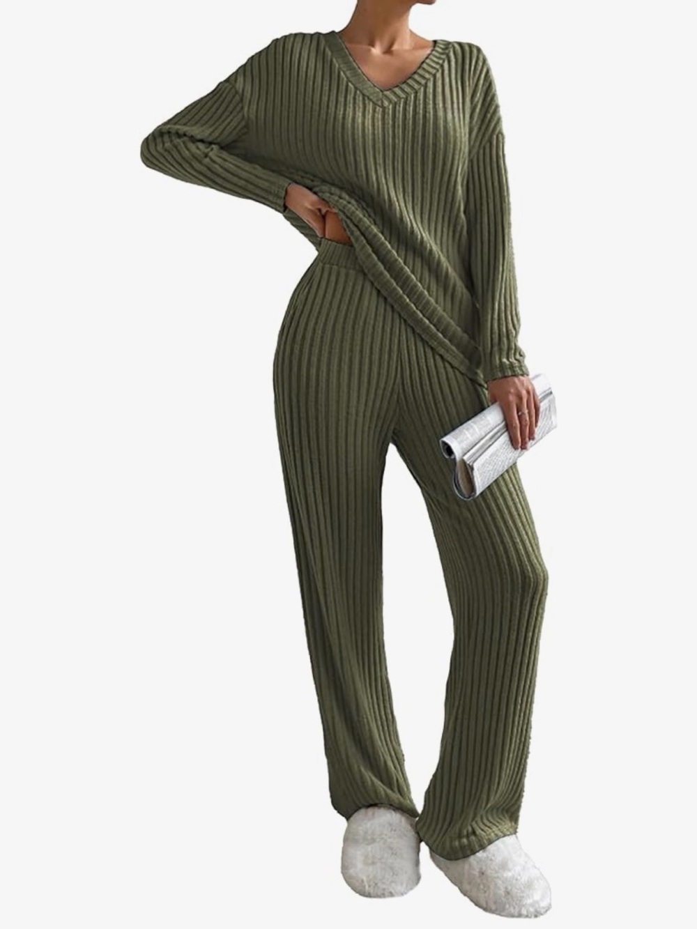 Olive Ribbed V-Neck Wide-Leg Lounge Pants & Top Set